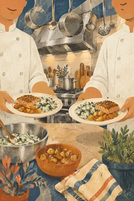 Cooks Serving Roasted Vegetables in Warm Kitchen
