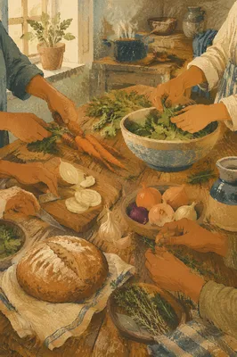 Hands Preparing Vegetables for Community Meal