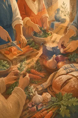 Hands Preparing Vegetables for Shared Meal
