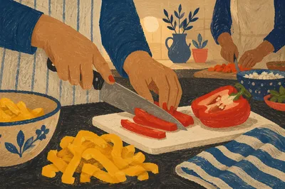 Hands Slicing Peppers in Cozy Kitchen