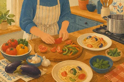 Hands Preparing Vegetable Pasta in Cozy Kitchen