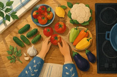 Overhead Hands Preparing Fresh Vegetables