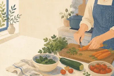 Hands Preparing Fresh Vegetables in Kitchen