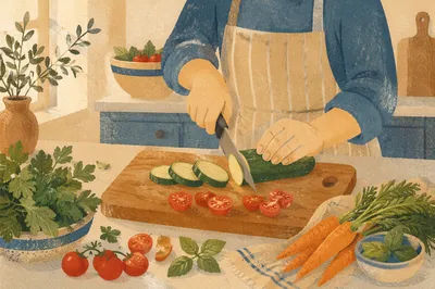 Hands Preparing Fresh Vegetables in Kitchen