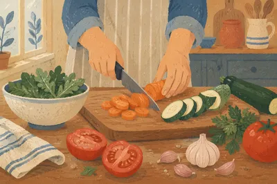 Hands Preparing Fresh Vegetables in Kitchen