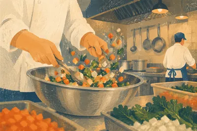Hands Preparing Vegetables in Commercial Kitchen
