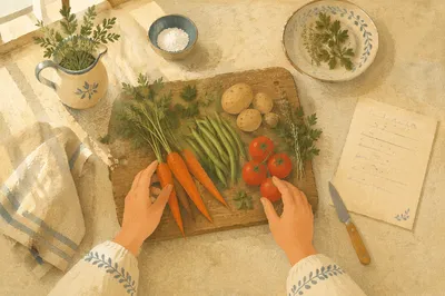 Grateful Kitchen Hands Preparing Garden Vegetables