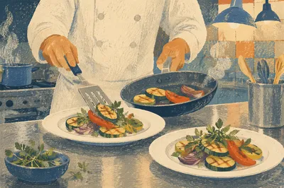 Chef Hands Plating Grilled Vegetables
