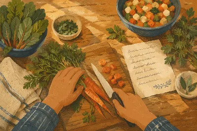 Hands Preparing Vegetables in Warm Kitchen