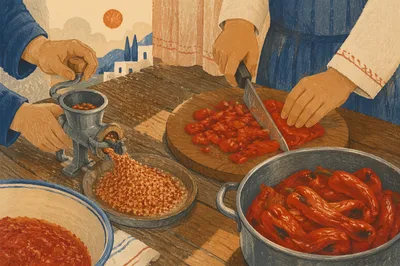 Communal Kitchen Hands Preparing Roasted Peppers