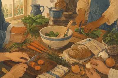 Hands Preparing Vegetables for Community Meal