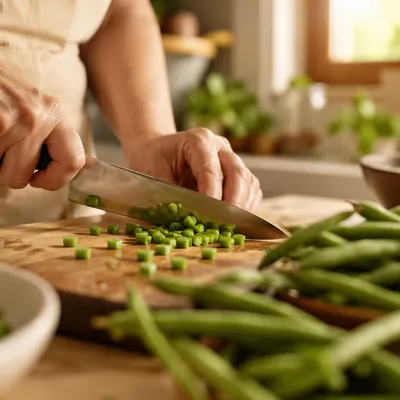 Hands Preparing Green Beans in Cozy Kitchen