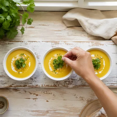 Homemade Golden Soup with Fresh Herb Garnish