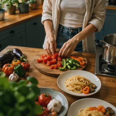 Cozy Kitchen Vegetable Pasta Preparation