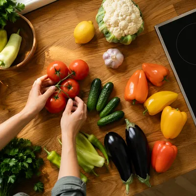 Overhead Hands Preparing Fresh Vegetables