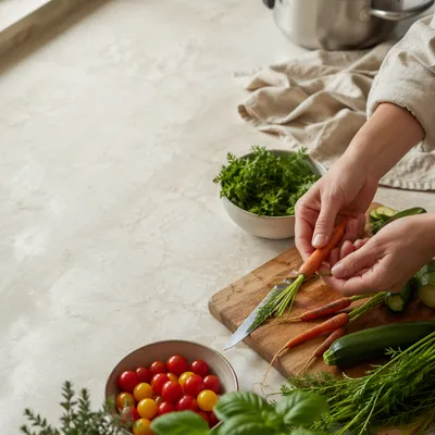 Hands Preparing Fresh Vegetables in Kitchen