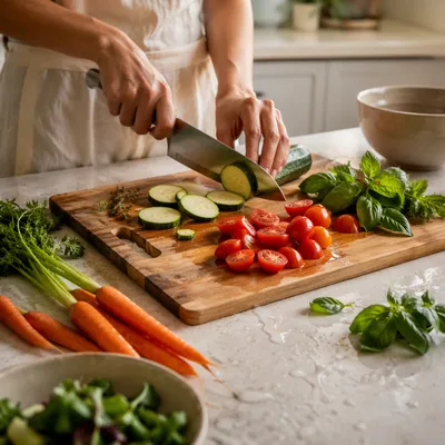 Hands Preparing Fresh Vegetables in Kitchen