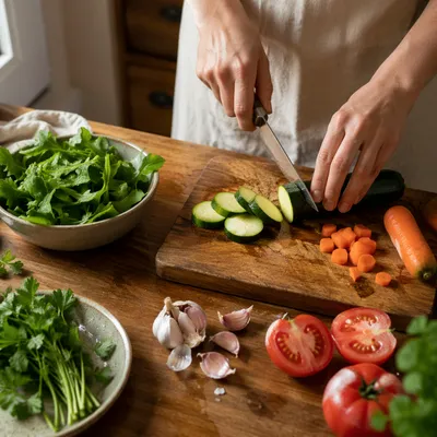 Hands Preparing Fresh Vegetables in Kitchen