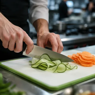 Chef Hands Slicing Fresh Vegetables