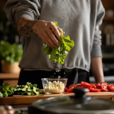 Hands Preparing Fresh Vegetables in Kitchen