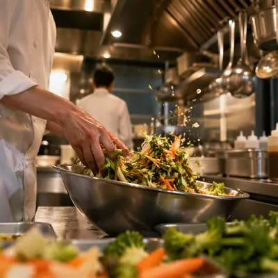 Hands Preparing Vegetables in Commercial Kitchen
