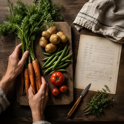 Hands Preparing Garden Vegetables on Wooden Board