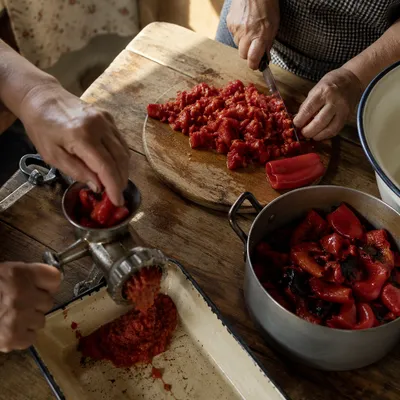 Communal Kitchen Hands Preparing Peppers