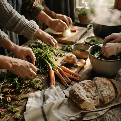 Hands Preparing Vegetables for Community Meal