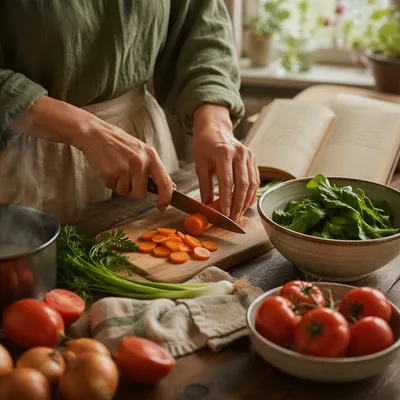 Hands Preparing Fresh Vegetables with Gratitude