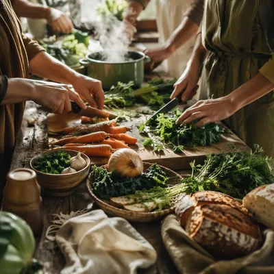 Hands Preparing Vegetables for Shared Meal