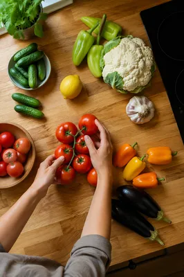 Overhead Hands Preparing Fresh Vegetables
