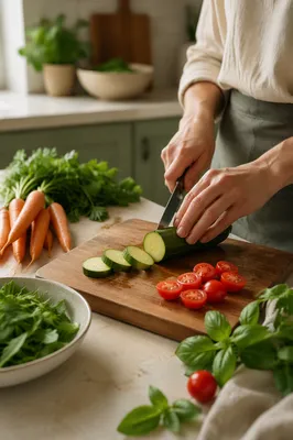 Hands Preparing Fresh Vegetables in Kitchen