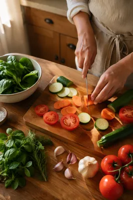 Hands Preparing Fresh Vegetables in Kitchen