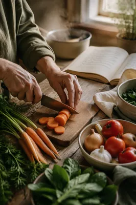 Hands Preparing Vegetables in Morning Kitchen