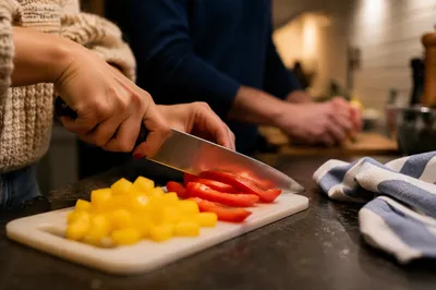 Hands Slicing Peppers in Cozy Kitchen