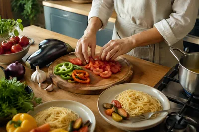 Cozy Kitchen Vegetable Pasta Preparation