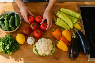Fresh Vegetable Preparation on Oak Countertop