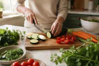 Hands Preparing Fresh Vegetables in Kitchen