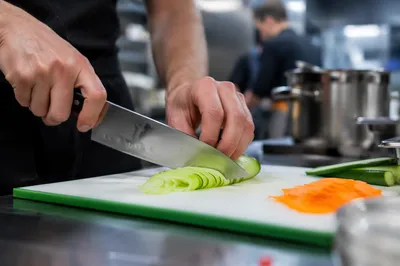 Chef Hands Slicing Fresh Vegetables
