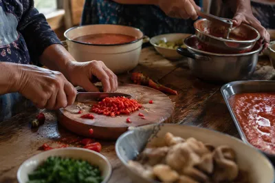 Communal Meal Preparation at Rustic Kitchen Table