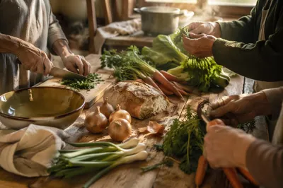 Hands Preparing Vegetables for Community Meal