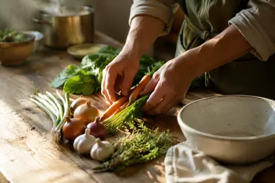 Hands Preparing Vegetables for Shared Meal
