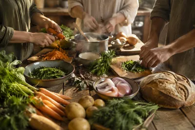Hands Preparing Vegetables for Shared Meal