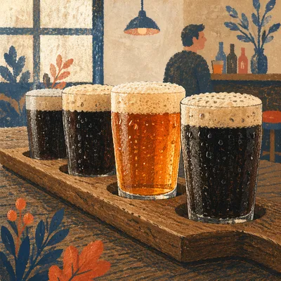 Amber Craft Beer Flight on Rustic Bar