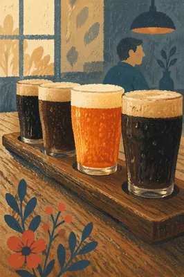 Amber Craft Beer Flight on Rustic Bar