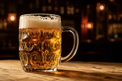 Amber Craft Beer on Cozy Pub Bar