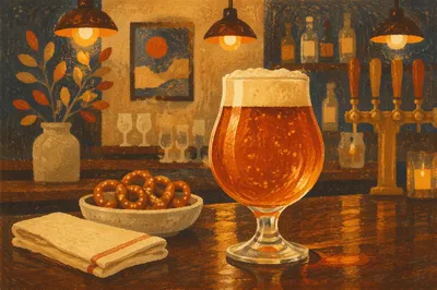 Amber Craft Beer on Cozy Pub Bar