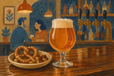 Amber Craft Beer on Cozy Pub Bar