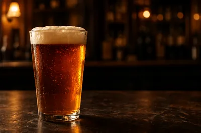 Amber Craft Beer Glass on Pub Bar