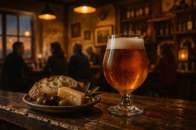 Amber Craft Beer on Rustic Pub Bar